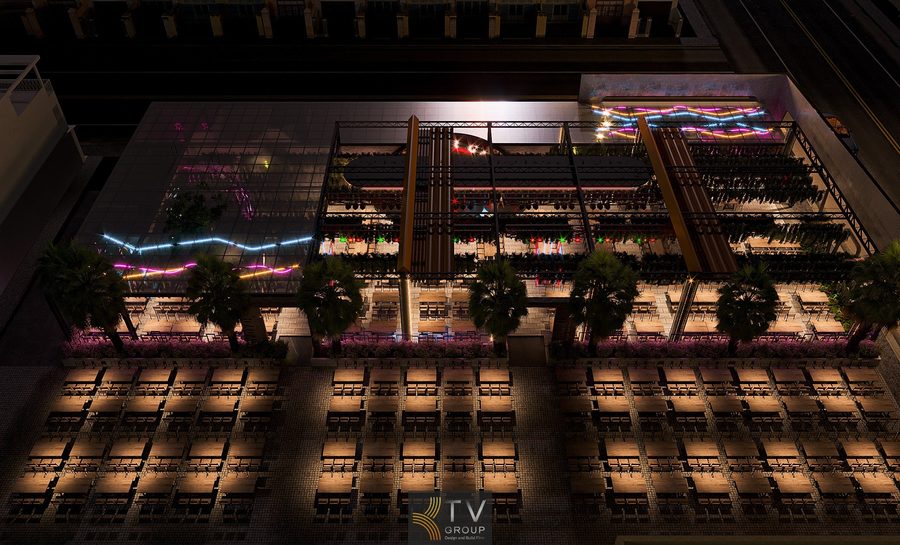 Tổng thể Beer Garden được thiết kế thi công theo mô hình không gian mở 1.000m², nổi bật với hệ thống ánh sáng LED đa sắc chạy viền, khu bàn ngoài trời quy mô lớn và mái che kết hợp mảng xanh treo, tạo nên một tổ hợp giải trí – ẩm thực hiện đại và đầy sức hút về đêm.