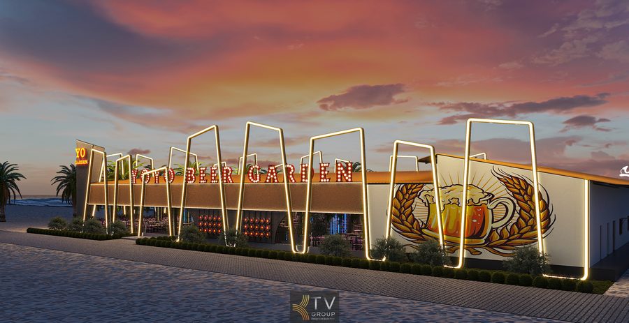 Thiết kế thi công nhà hàng Beer Garden Phan Thiết với mặt tiền khung LED nghệ thuật, bảng hiệu nổi bật và phong cách giải trí ven biển hiện đại.