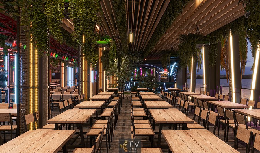 Khu sân khấu Beer Garden thiết kế dạng đường hầm LED đa lớp mang đến hiệu ứng thị giác mạnh. Thiết kế thi công Beer Garden với khu vực ngồi rộng rãi, bàn ghế gỗ sắt bền chắc phù hợp phục vụ đông khách.