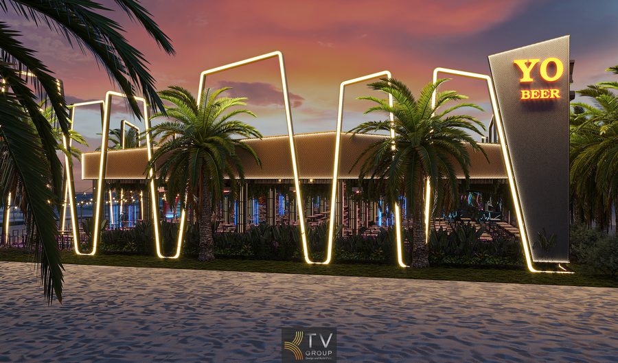 Lối vào Beer Garden nổi bật với hệ đèn LED chạy viền tạo cảm giác hiện đại và năng động. Không gian ăn uống ngoài trời Beer Garden kết hợp ánh sáng RGB và tầm nhìn hướng biển.
