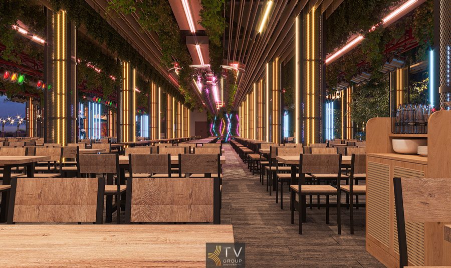 Khu quầy sân khấu Beer Garden với hệ LED vòng cung tạo không gian giải trí sôi động. Thiết kế Beer Garden Phan Thiết sử dụng nhiều đèn trang trí mang phong cách nightlife trẻ trung.