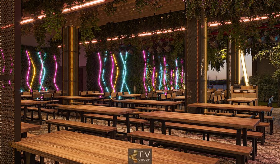 Bàn ghế Beer Garden bố trí khoa học, phù hợp phục vụ nhóm đông và tiệc ngoài trời. Sân khấu lớn Beer Garden với hệ âm thanh – ánh sáng chuyên nghiệp cho sự kiện và biểu diễn.