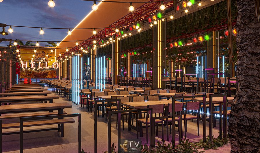 Sảnh chính Beer Garden được nhấn mạnh bằng kiến trúc kim loại và LED đa màu. Thiết kế mái Beer Garden nhẹ, thoáng khí phù hợp mô hình giải trí ven biển.
