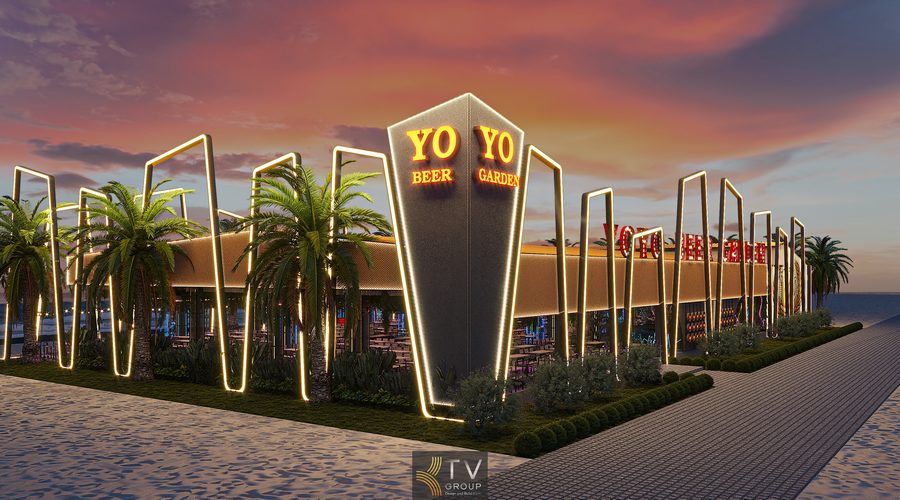 Thiết kế thi công nhà hàng Beer Garden Phan Thiết với cột nhận diện YO phát sáng, khung LED nghệ thuật và không gian mở ven biển.