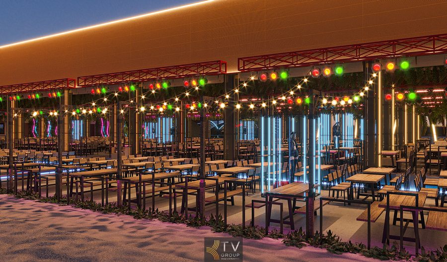 Thiết kế sân khấu Beer Garden tông đỏ – xanh nổi bật phù hợp âm nhạc sôi động. Không gian bàn dài Beer Garden thích hợp gia đình, nhóm bạn và tiệc tối đông khách.