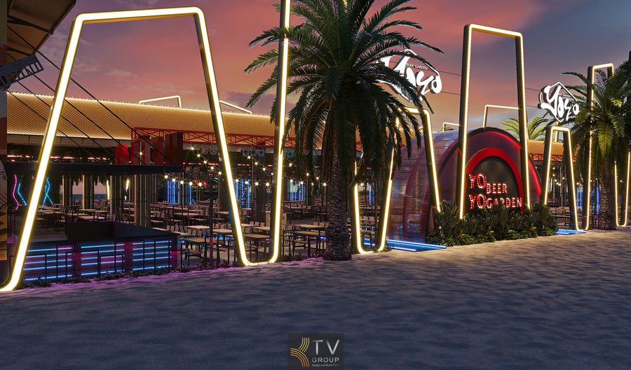 Mặt tiền Beer Garden Phan Thiết nổi bật với khung đèn sáng tạo và bảng hiệu YO Beer Garden phong cách trẻ trung.