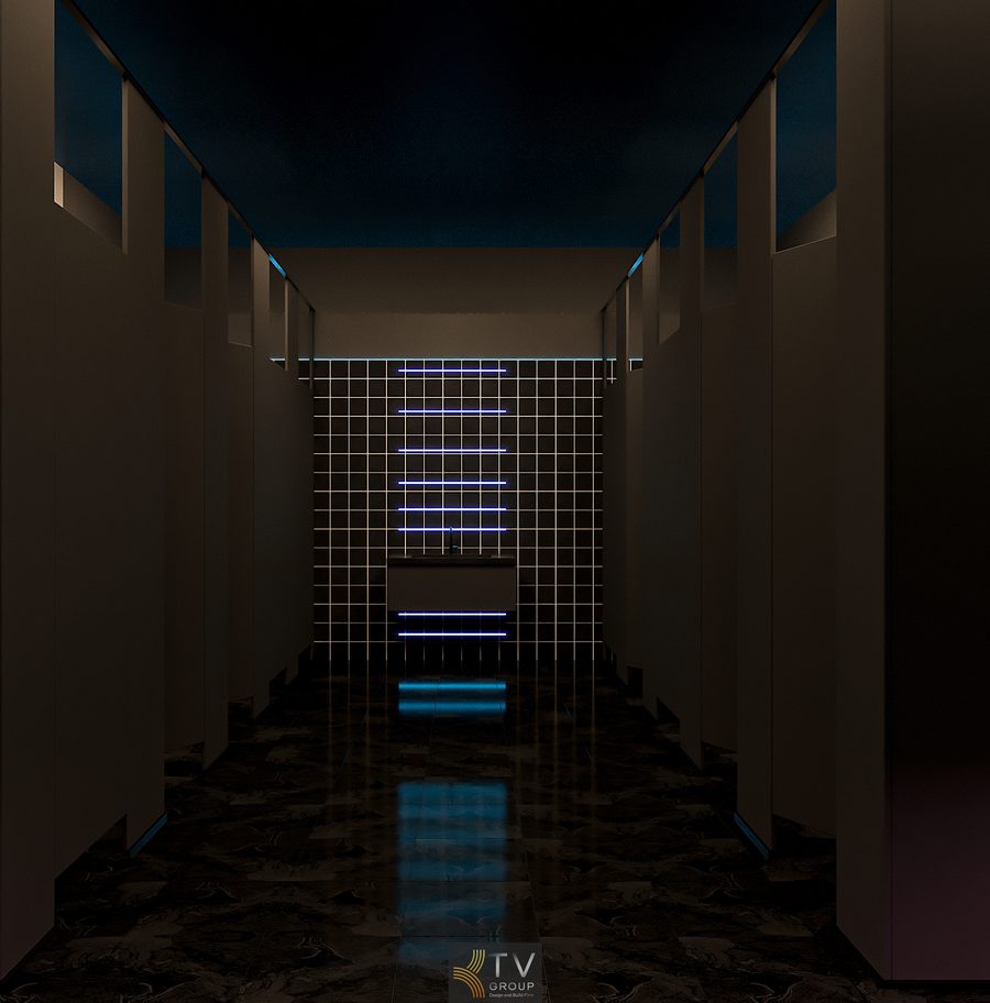 Thiết kế bảng chỉ dẫn WC Beer Garden sử dụng biểu tượng tối giản và ánh sáng LED nổi bật trong đêm