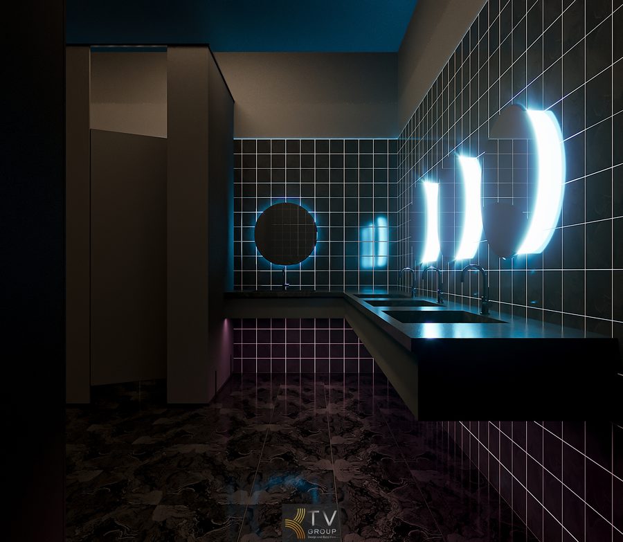 Khu vực WC Beer Garden được thiết kế với tường đỏ và đèn LED giúp định hướng khách rõ ràng.