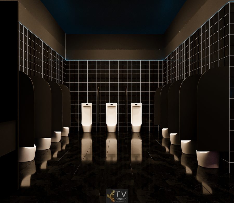 Lối dẫn vào nhà vệ sinh Beer Garden mang phong cách hiện đại với hiệu ứng ánh sáng độc đáo.