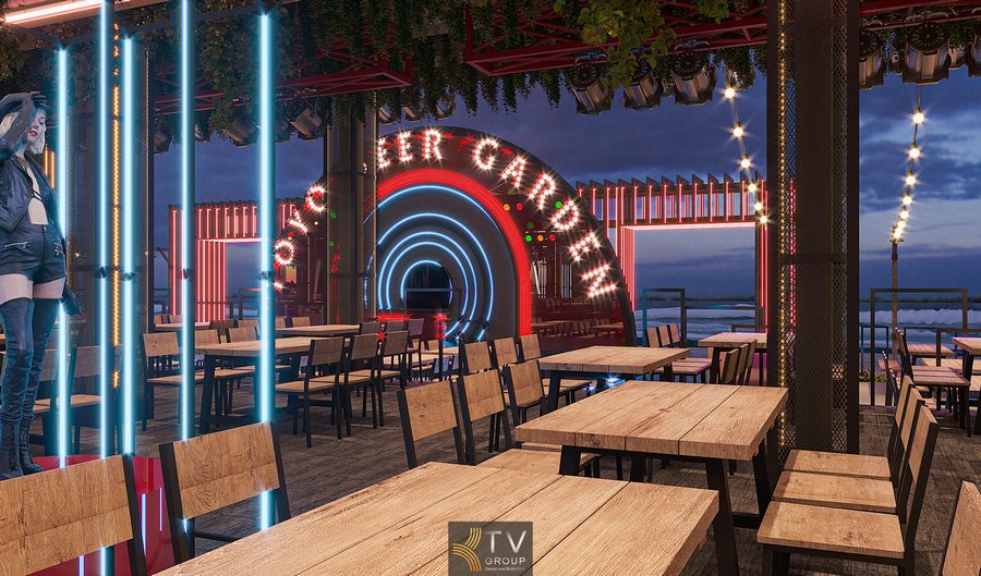 Thiết kế sân khấu Beer Garden Phan Thiết với đường hầm LED đa lớp, ánh sáng RGB nổi bật và không gian ngồi mở hướng biển. 23