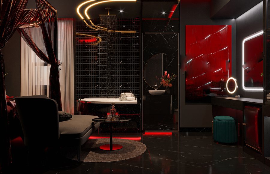 Thiết kế nội thất phòng khách sạn hiện đại với giường canopy và không gian ánh sáng sang trọng