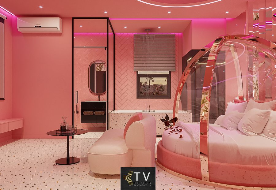 Thiết kế thi công phòng khách sạn chủ đề Pink Romantic – không gian lãng mạn, bay bổng, nội thất độc đáo giúp tăng trải nghiệm & tăng giá trị khai thác cho chủ đầu tư.