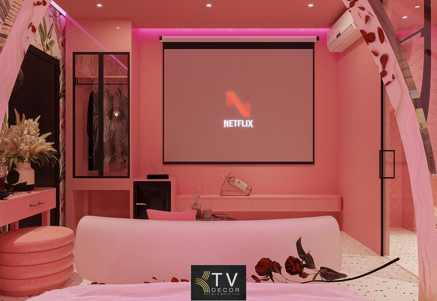 thiết kế phòng khách sạn tình yêu, pink romantic hotel room, thi công nội thất love hotel, thiết kế phòng chủ đề hồng, phòng lãng mạn cho cặp đôi