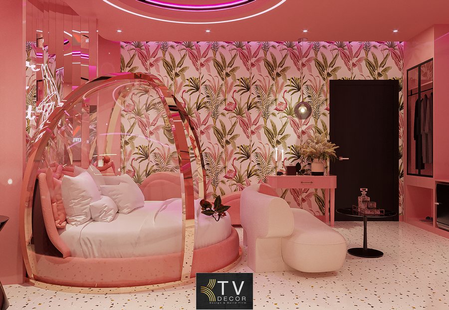 Phòng khách sạn trong hình được thiết kế theo phong cách Pink Romantic – một phong cách đặc trưng dành riêng cho các mô hình Love Hotel, Boutique Hotel chủ đề, hoặc phòng VIP