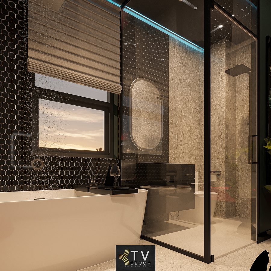 Thiết kế nội thất phòng khách sạn chủ đề lãng mạn phong cách Boutique Art với trần sao, giường nhung xanh, ánh sáng vàng ấm và trang trí nghệ thuật sang trọng.