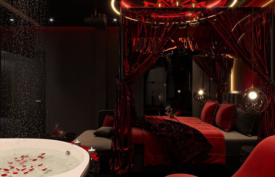 Thiết kế thi công nội thất phòng khách sạn phong cách ánh sáng – sắc đỏ sang trọng