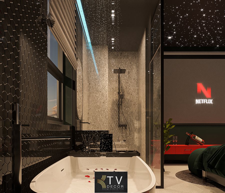 Mẫu phòng khách sạn phong cách Boutique Art với gam xanh đậm sang trọng, trần ánh sáng Galaxy và nội thất nghệ thuật tinh tế.