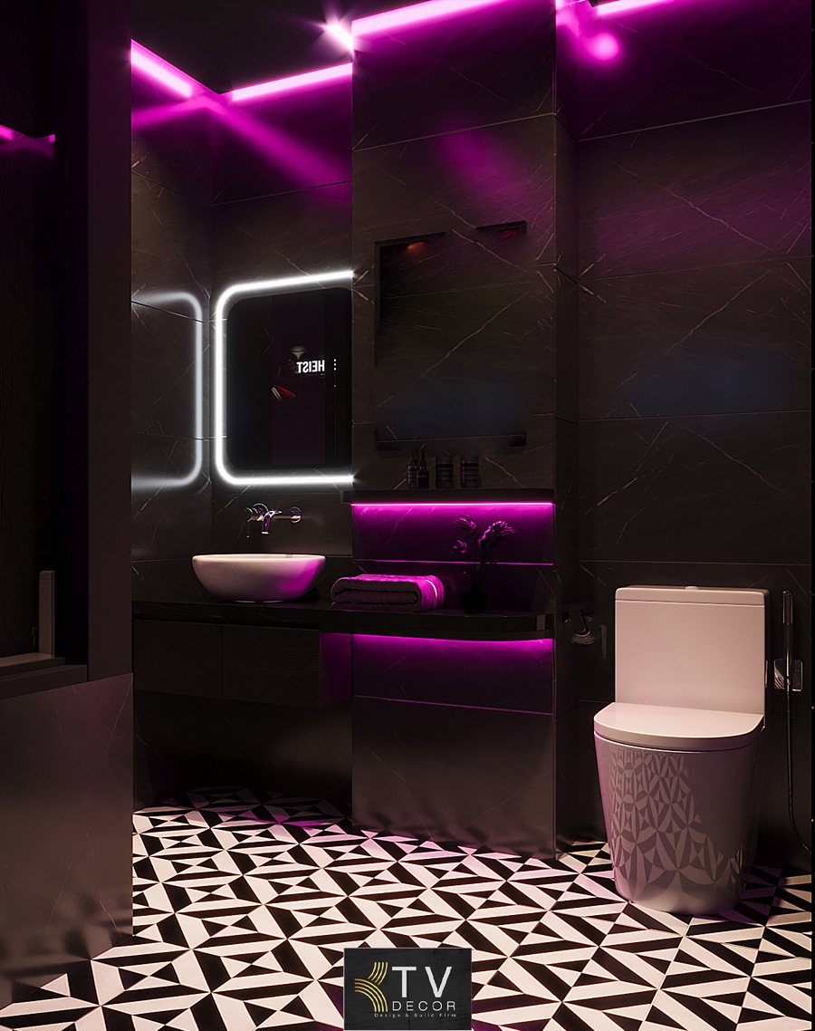 Thiết kế thi công phòng khách sạn chủ đề tình yêu phong cách Romantic Neon Boutique, ánh sáng LED tím hồng, nội thất cao cấp, tối ưu trải nghiệm 