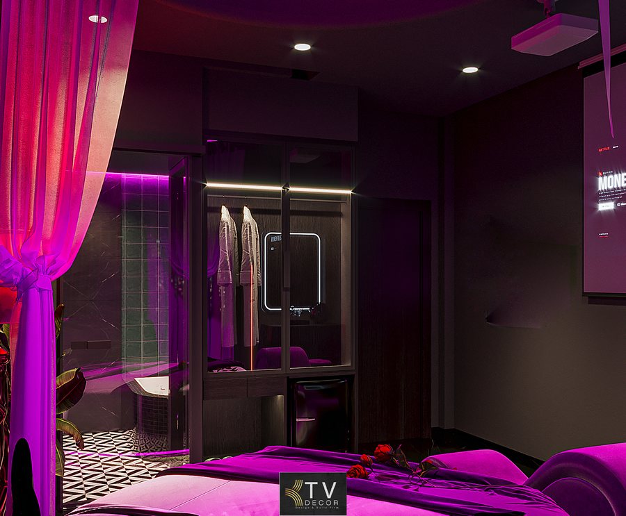 H2: Mẫu thiết kế phòng khách sạn chủ đề Romantic Neon Boutique – Không gian lãng mạn cho cặp đôi