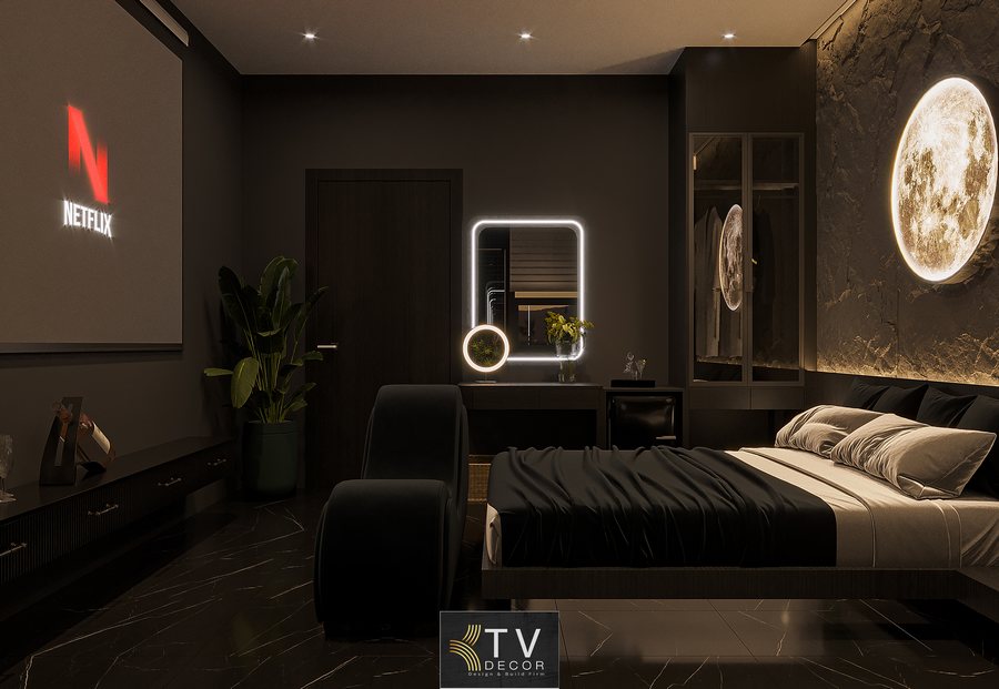 Khám phá mẫu thiết kế phòng khách sạn hiện đại tông đen ánh sáng mặt trăng sang trọng và đầy cảm hứng. Dự án do KTV GROUP thiết kế – thi công trọn gói, mang đến không gian nghỉ dưỡng tinh tế và khác biệt. 