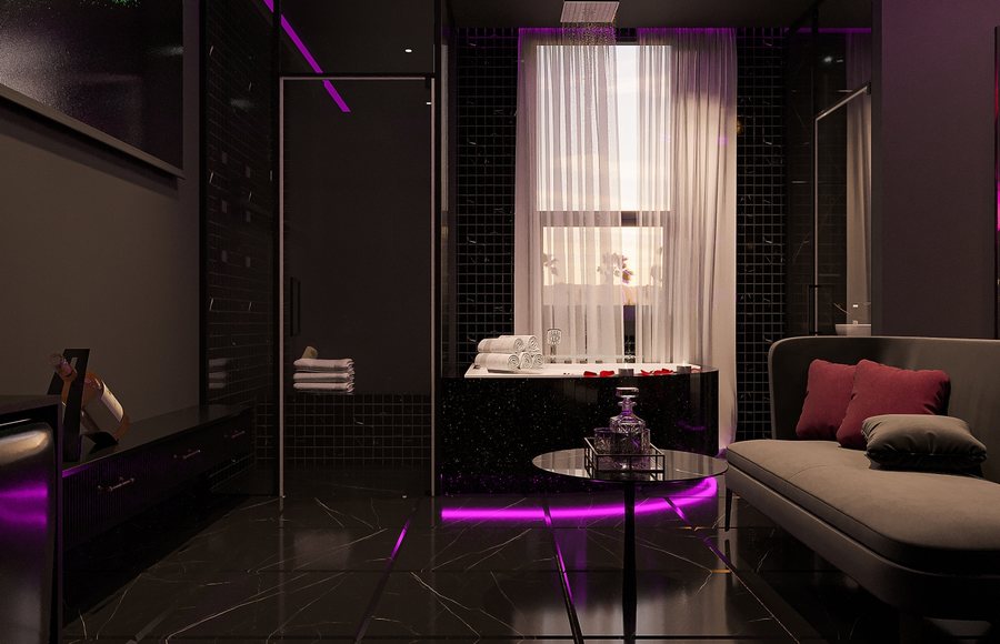 Dự án thiết kế thi công phòng khách sạn Dark Luxury – Điểm nhấn decor Thiên Nga 3D nghệ thuật cùng ánh sáng LED tím hồng cuốn hút do KTV GROUP thực hiện 