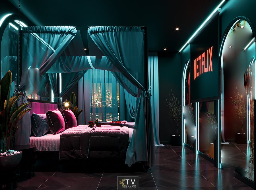 Thiết kế thi công nội thất phòng khách sạn chủ đề tình yêu lãng mạn phong cách Romantic Neon Glow với ánh sáng neon, giường canopy, màu sắc huyền ảo và bố cục ấn tượng giúp tăng trải nghiệm. 