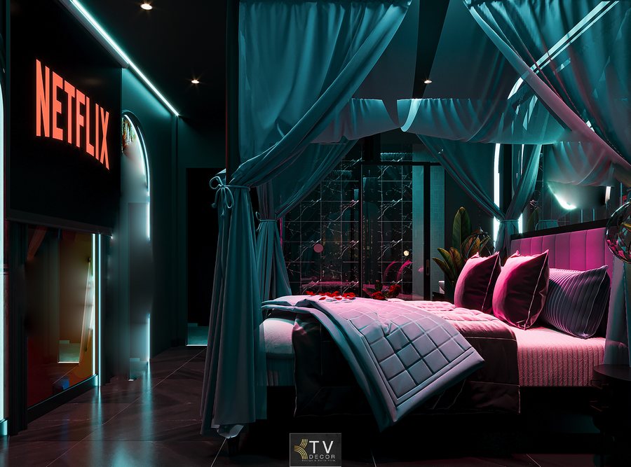 Thiết kế thi công phòng khách sạn chủ đề tình yêu lãng mạn – phong cách Romantic Neon Glow cao cấp