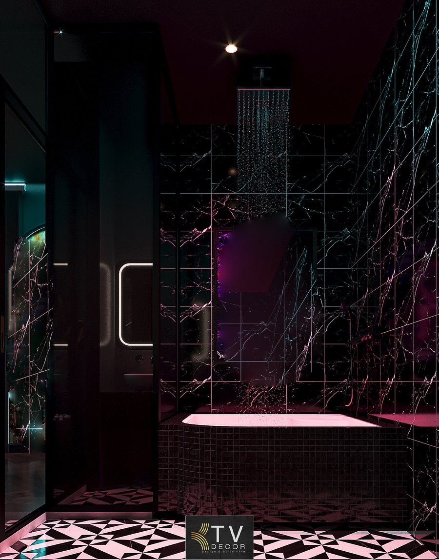 Thiết kế phòng khách sạn chủ đề tình yêu phong cách Romantic Neon Glow với giường canopy, ánh sáng neon xanh hồng và màn hình giải trí Netflix nổi bật