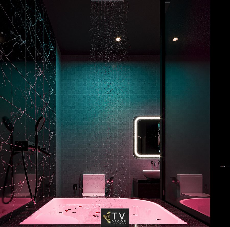 Phòng khách sạn chủ đề tình yêu lãng mạn với phong cách Neon Glow, ánh sáng xanh – hồng ấn tượng và giường canopy sang trọng. 