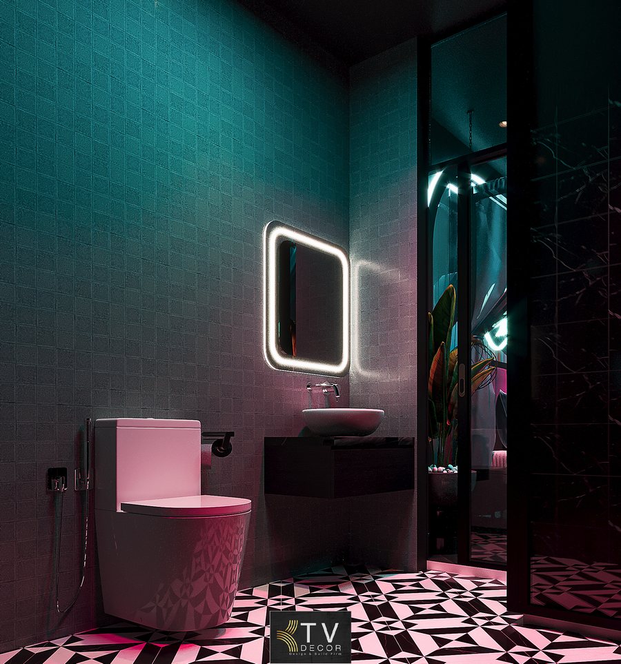 Không gian khách sạn hiện đại với màn hình Netflix lớn, rèm buông mềm và ánh sáng neon tạo trải nghiệm cao cấp cho cặp đôi.