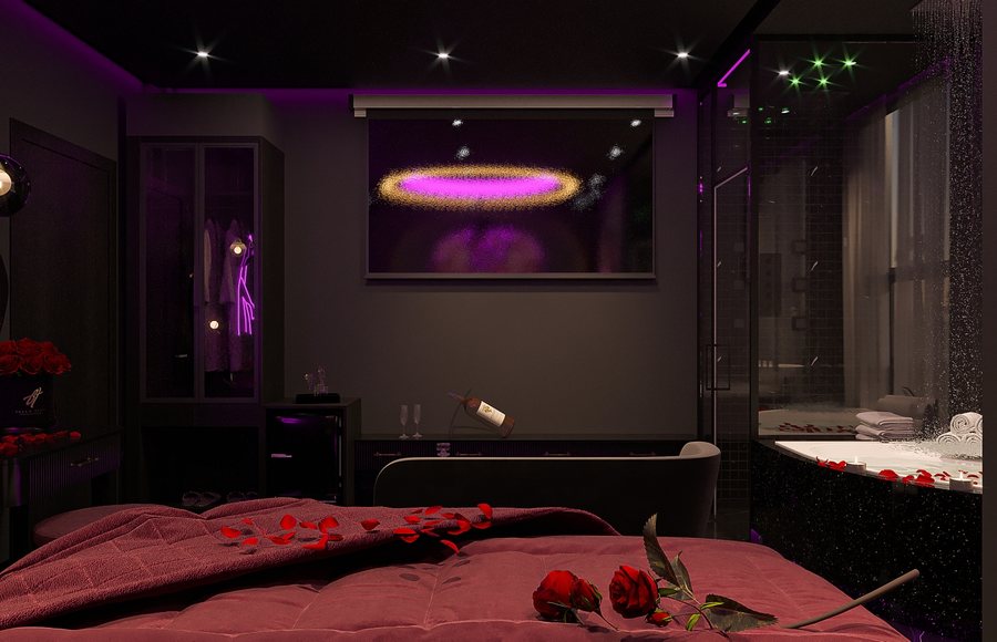 Thiết kế thi công nội thất phòng khách sạn Dark Luxury chủ đề Thiên Nga 3D với ánh sáng tím hồng và nội thất sang trọng do KTV GROUP thực hiện