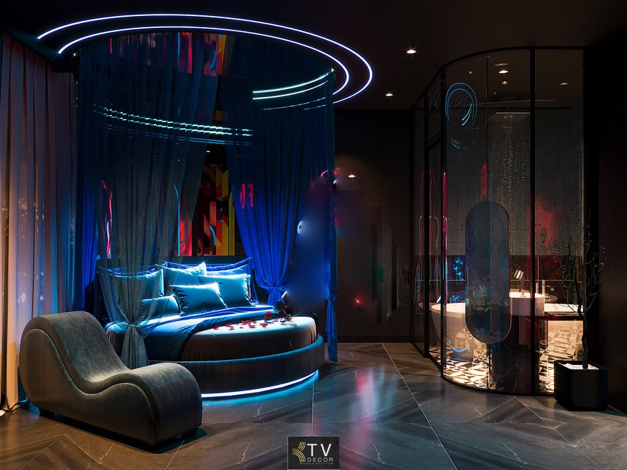 thiết kế khách sạn chủ đề tình yêu, thi công nội thất khách sạn, thiết kế phòng khách sạn lãng mạn, phòng khách sạn ánh sáng đương đại, KTV Group