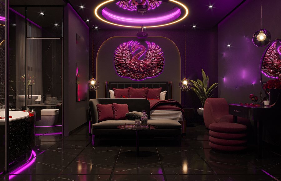 Thiết kế thi công nội thất phòng khách sạn Dark Luxury – Chủ đề Thiên Nga nghệ thuật, ánh sáng tím hồng sang trọng | KTV GROUP