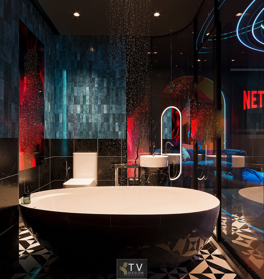 Thiết kế phòng khách sạn chủ đề tình yêu phong cách Ánh Sáng Đương Đại với giường tròn, ánh sáng LED đa lớp, tone xanh midnight sang trọng và không gian lãng mạn cuốn hút.