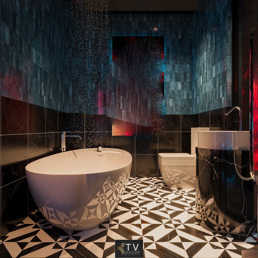 Mẫu phòng khách sạn lãng mạn với giường tròn, ánh sáng LED đa lớp và tone xanh hiện đại tạo cảm giác cao cấp.