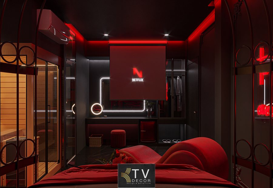 Thiết kế giường tròn phong cách Fantasy Dark Luxury với khung lồng trang trí đỏ – đen tạo điểm nhấn mạnh và mang đến trải nghiệm lưu trú đầy ấn tượng cho khách. 