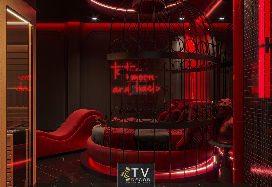 Hệ thống LED viền chạy trần và tường, mang lại hiệu ứng ánh sáng đương đại nổi bật trong phòng khách sạn chủ đề Fantasy Dark Luxury. 