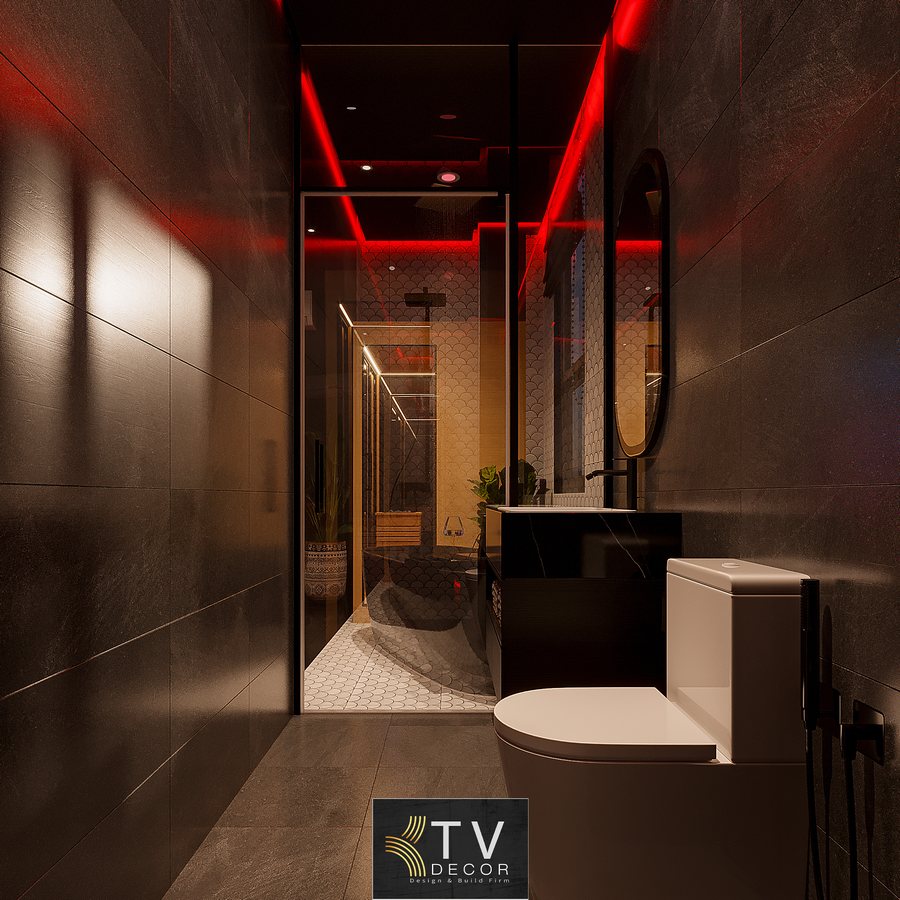 Không gian phòng khách sạn Fantasy Dark Luxury sang trọng, ánh sáng đỏ – đen cuốn hút và nội thất đẳng cấp. 