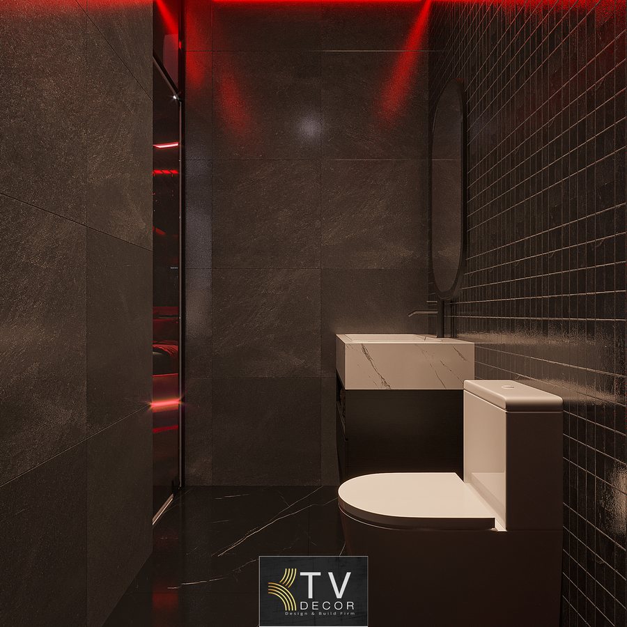 Thiết kế nội thất phòng khách sạn chủ đề Fantasy Dark Luxury với giường tròn, ánh sáng đỏ – đen và không gian lãng mạn sang trọng dành cho khách trẻ. 