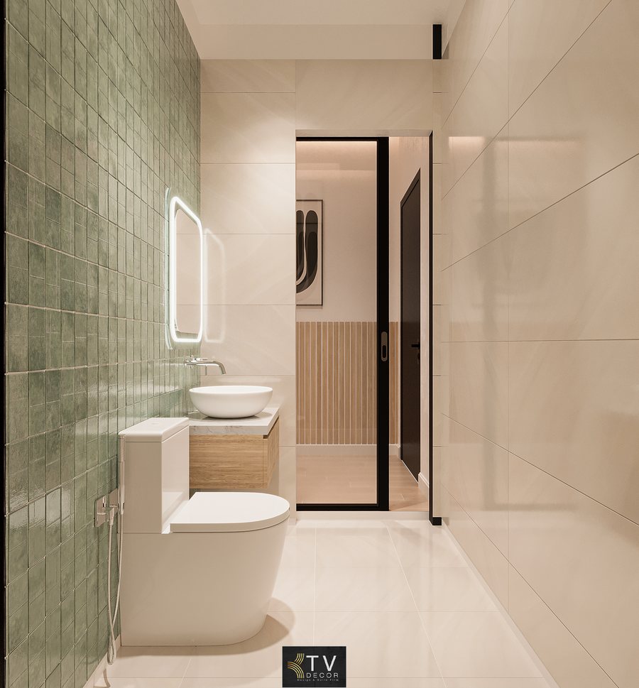 Thiết kế nội thất phòng khách sạn màu sáng tự nhiên với giường lớn, tủ áo kính đen, bàn trang điểm gương tròn LED và ánh sáng vàng ấm tạo cảm giác lãng mạn. 