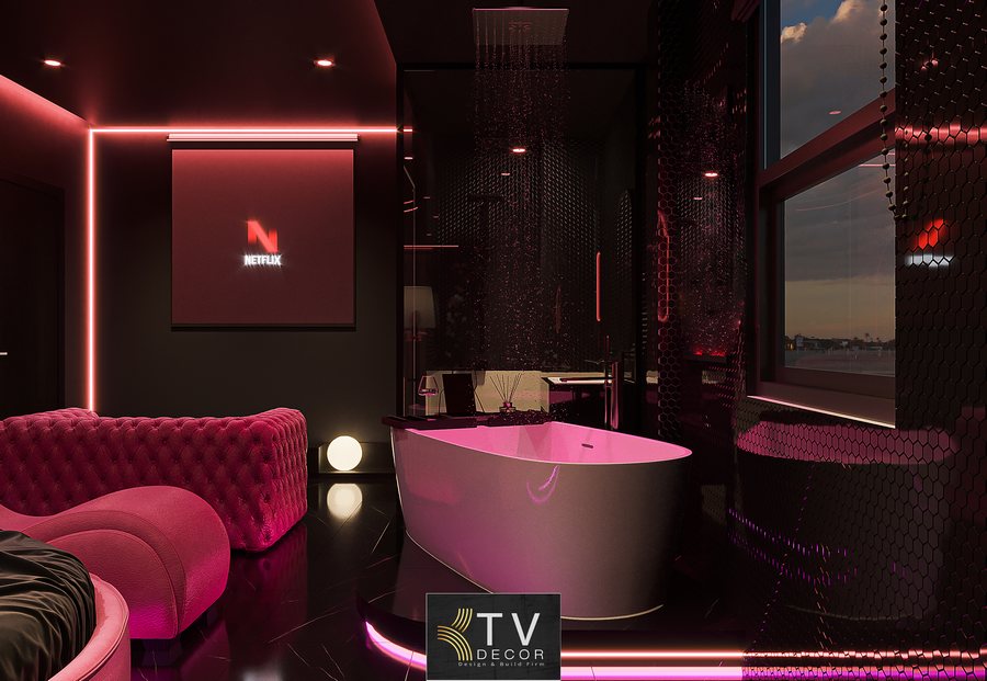 Nội Thất Phòng Khách Sạn Với Tông Hồng – Đen Sang Trọng Và Hiệu Ứng Ánh Sáng Nghệ Thuật 