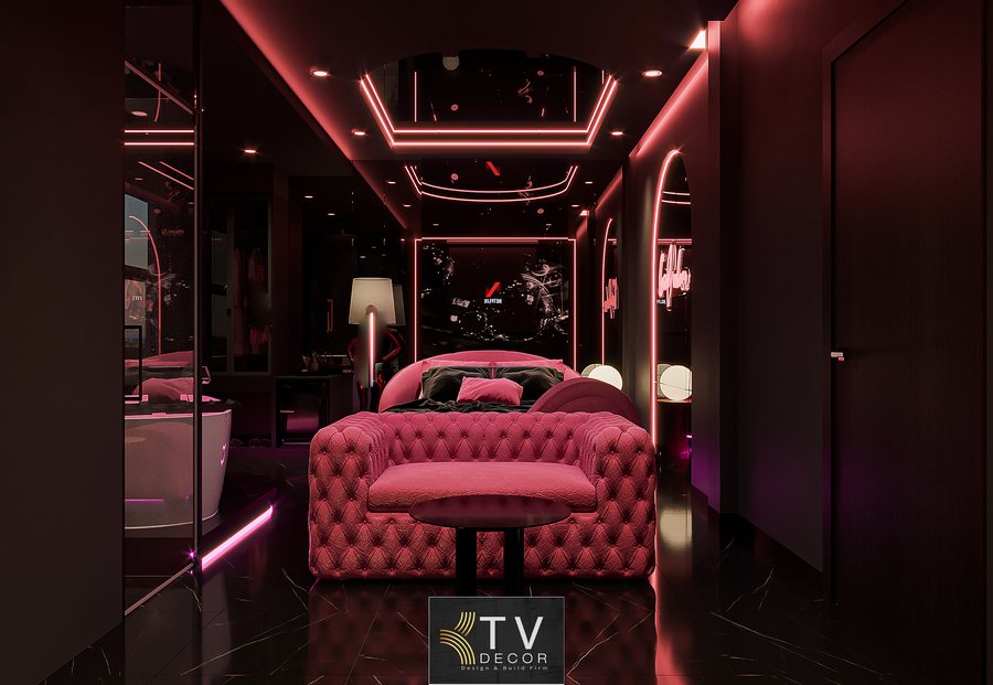 Nội Thất Phòng Khách Sạn Với Tông Hồng – Đen Sang Trọng Và Hiệu Ứng Ánh Sáng Nghệ Thuật 