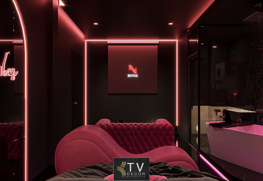 Thiết kế phòng khách sạn hiện đại với ánh sáng neon hồng ấn tượng do KTV GROUP thực hiện 