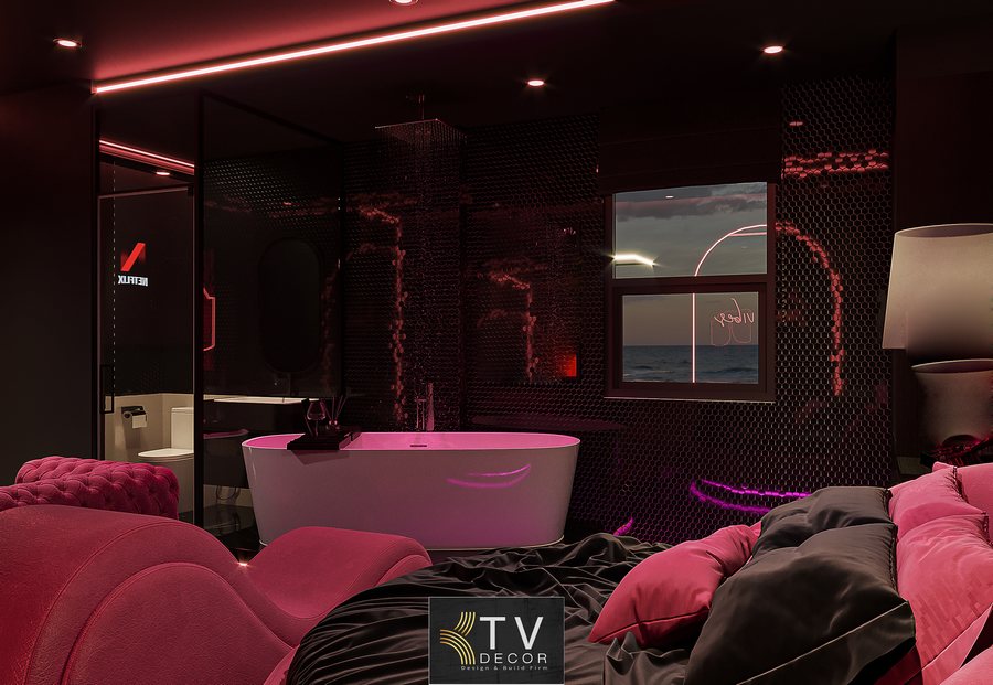 Không gian phòng khách sạn được KTV GROUP thiết kế mang phong cách hiện đại kết hợp ánh sáng nghệ thuật, với gam màu chủ đạo hồng – đen tạo cảm giác sang trọng, lôi cuốn và khác biệt. 