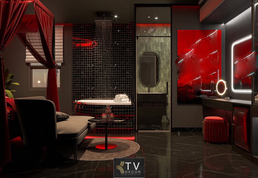 Không gian phòng khách sạn chủ đề tình yêu phong cách Luxury Romantic với ánh sáng đỏ và giường có rèm sang trọng.