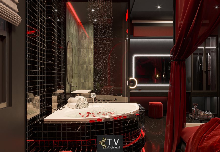 Giường đôi lớn phủ rèm đỏ kết hợp ánh sáng neon tạo không gian lãng mạn và riêng tư