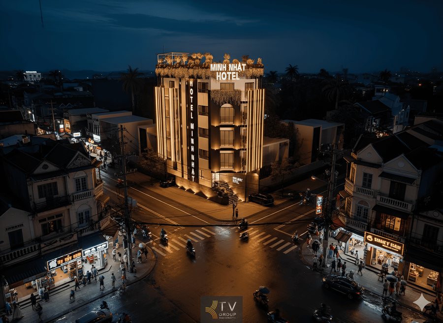 Khách sạn Minh Nhật Tây Ninh được thiết kế theo phong cách Modern Green Minimalism, nổi bật với mặt tiền lam dọc và mảng xanh bao phủ. 