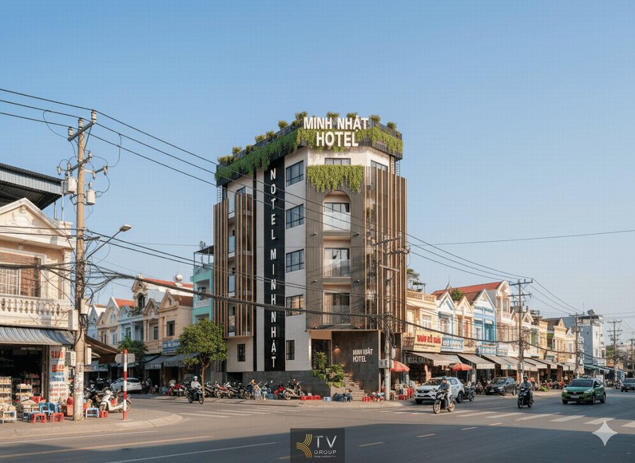 Mặt tiền khách sạn Minh Nhật với thiết kế lam dọc hiện đại tạo chiều sâu mạnh mẽ giữa khu phố sầm uất. 
