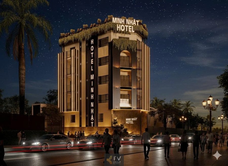Dãy nhà phố xung quanh góp phần làm nổi bật vị trí thuận lợi của khách sạn Minh Nhật.  Hệ thống điện và cột đèn trên đường phố thể hiện bối cảnh khu thương mại nhộn nhịp. 