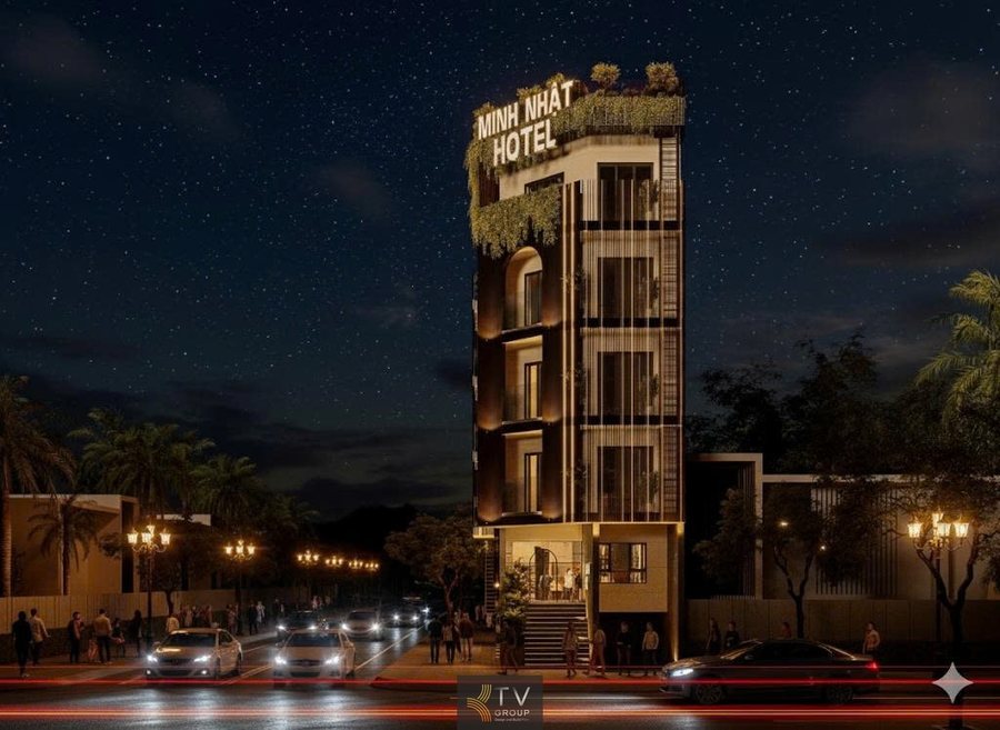 thiết kế khách sạn minh nhật tây ninh, thi công khách sạn tây ninh, thiết kế khách sạn hiện đại, khách sạn mặt tiền phố, thiết kế khách sạn 5 tầng